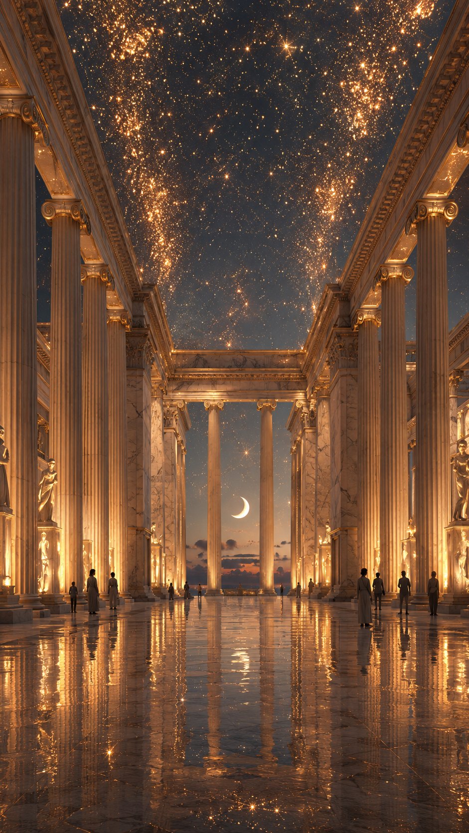 An ancient Greek-inspired marble colonnade under a golden starry sky, with a crescent moon at the far end and a reflective floor.