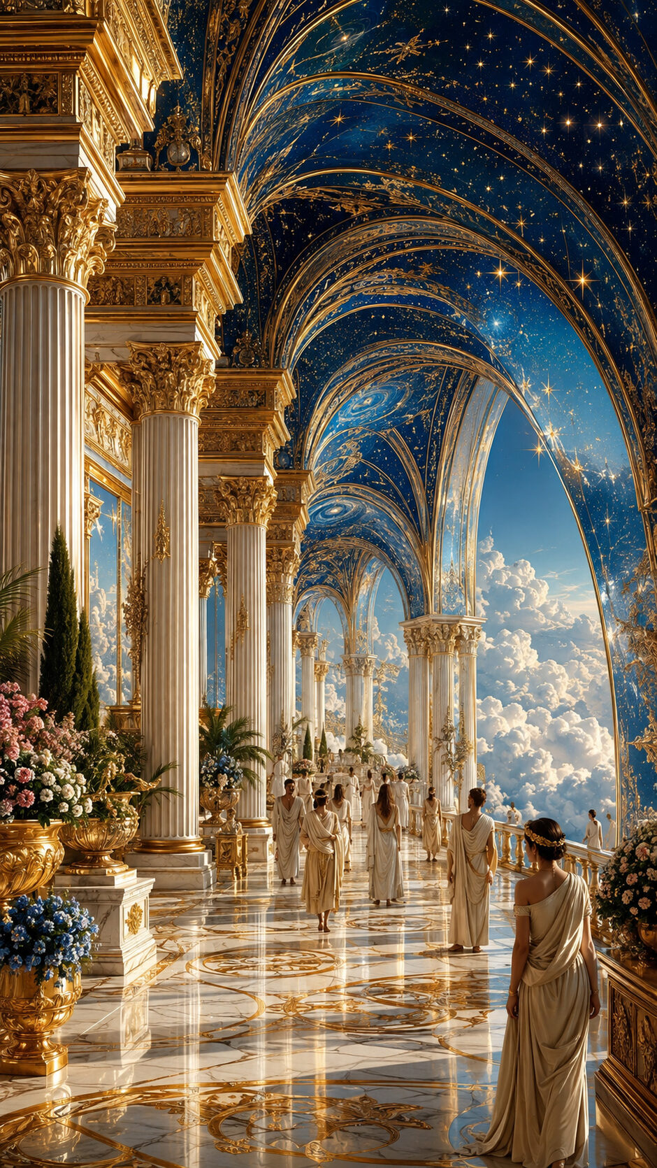 A marble and gold colonnade opening onto a starry blue vault, with figures in classical robes walking the hall.