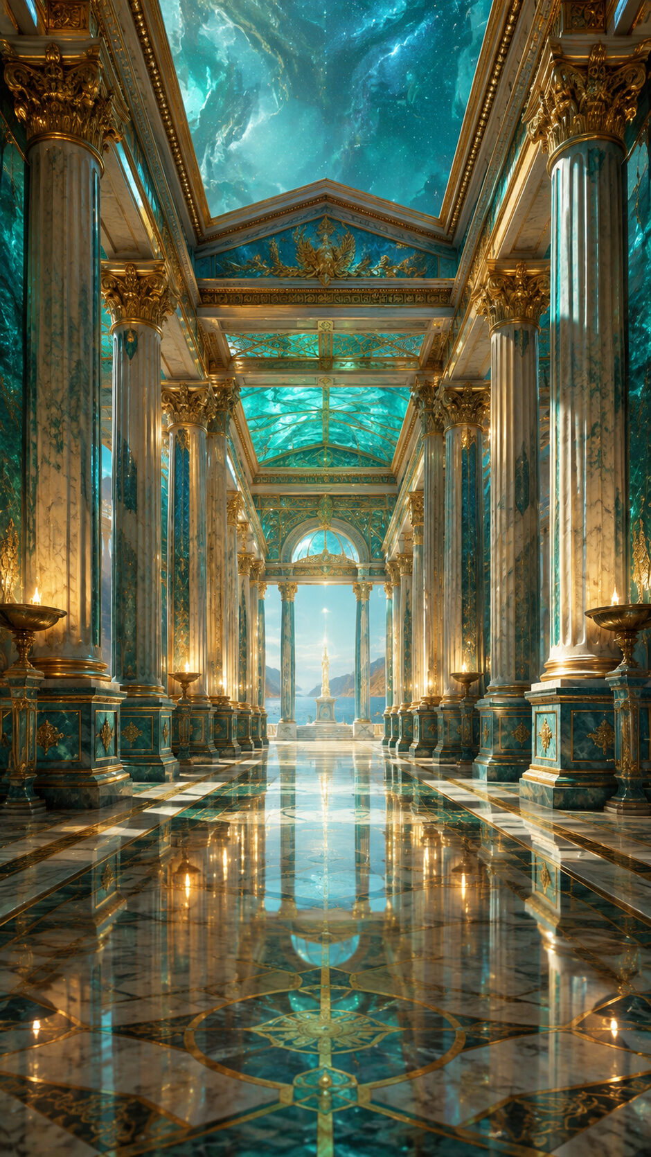 A luminous turquoise and gold marble hall receding towards a bright horizon reflected in the polished floor.