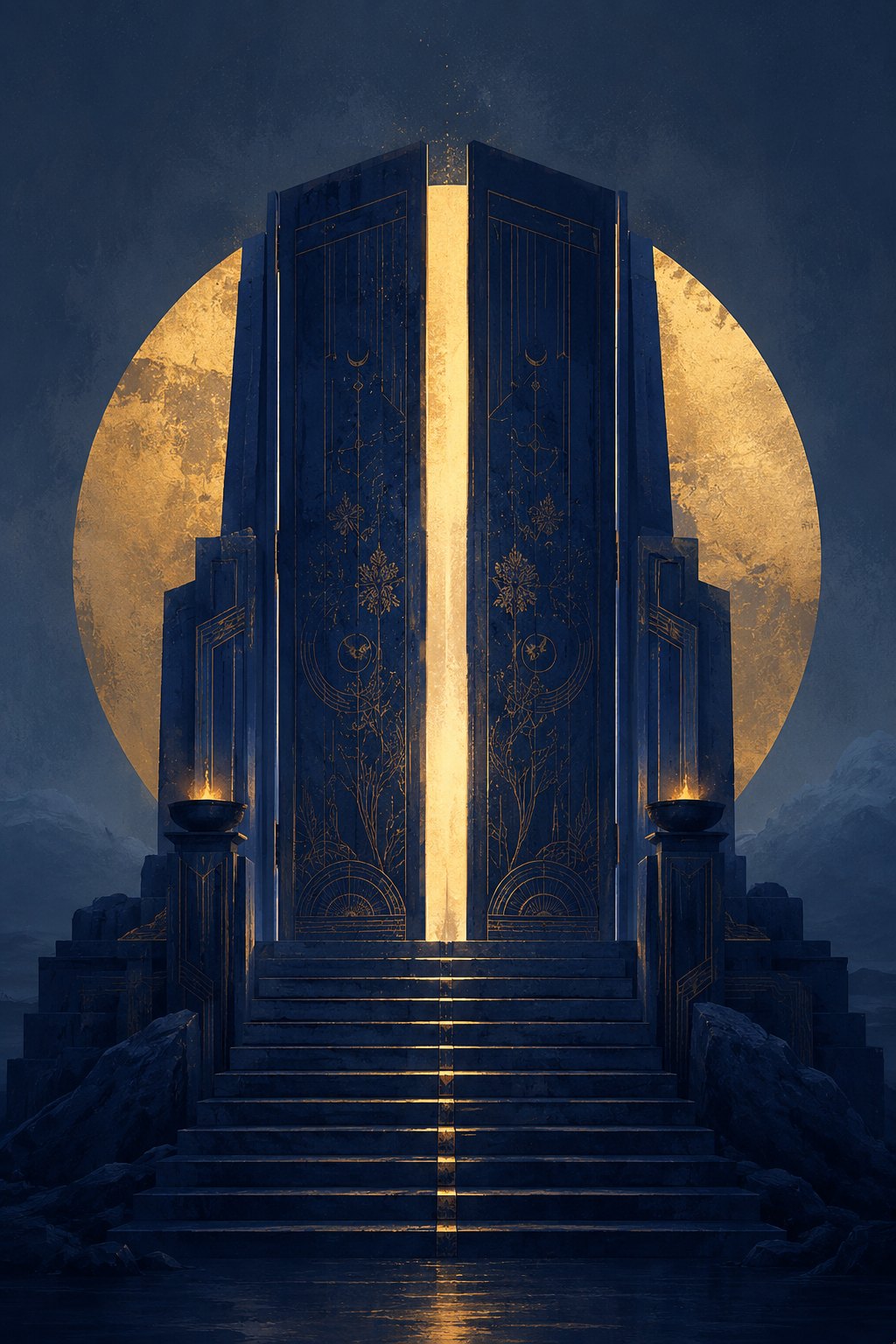 A dark blue ceremonial doorway with warm golden light emerging through its centre.